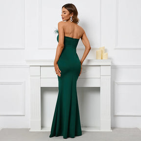 YIDINGZS 2023 Fora Do Ombro Pena Longo Sexy Fenda De Cetim Vestido Até O Chão Cor Verde Noite Festa Vestido Da Celebridade Maxi