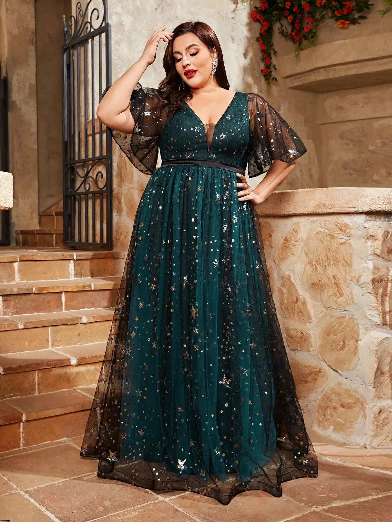 Mgiacy plus size V-neck sequin embroidered contrasting double mesh full skirt Evening gown Ball dress Party dress