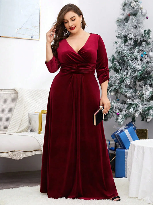 V-neck irregular cross folding velvet long sleeve A-hem skirt