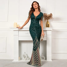 YIDINGZS-vestido de noite verde com decote em V profundo para mulheres, vestido maxi de festa sexy, vestido longo de baile