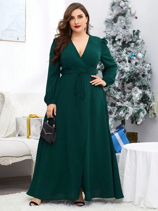 V-neck irregular cross lap slit long sleeve skirt