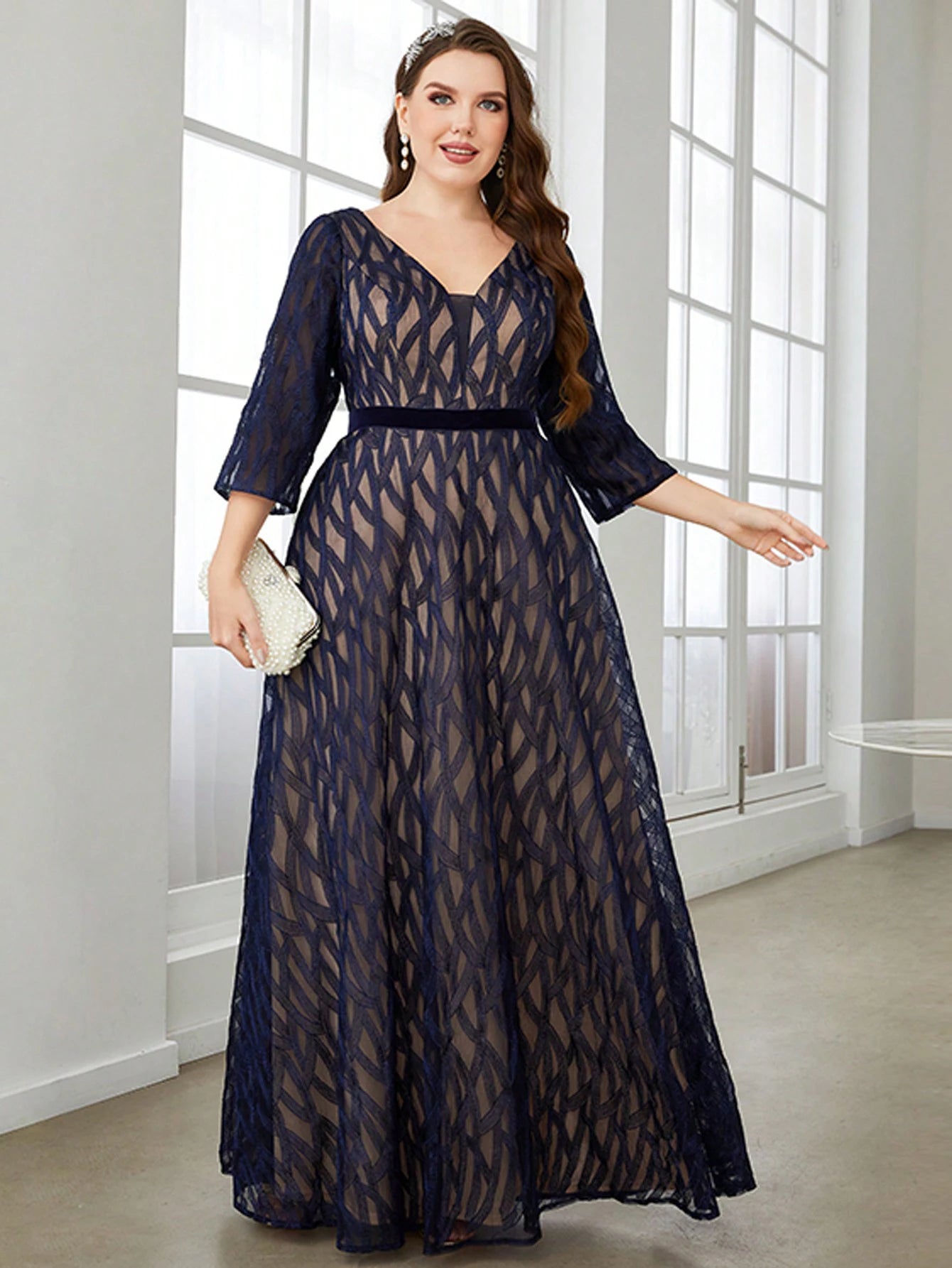 Mgiacy V-neck lace embroidered mid-long sleeve gown ball dress Party dress Bridesmaid dress