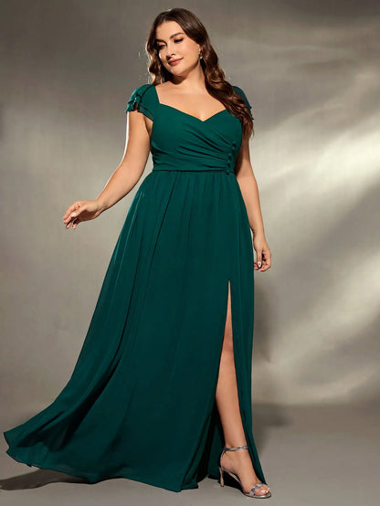 Mgiacy  plus size  V-neck irregular folding double layer lotus sleeve chiffon slit skirt Evening gown Ball dress Party dress