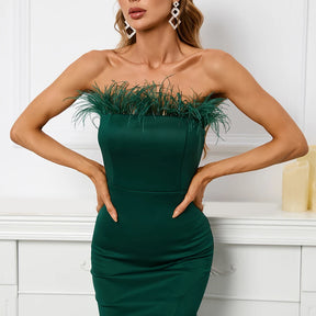 YIDINGZS 2023 Fora Do Ombro Pena Longo Sexy Fenda De Cetim Vestido Até O Chão Cor Verde Noite Festa Vestido Da Celebridade Maxi