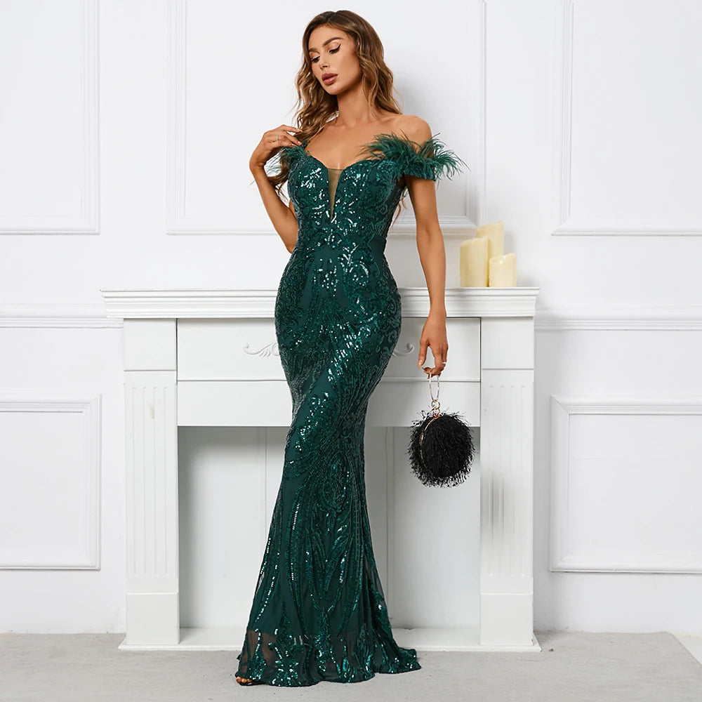 YIDINGZS-vestido feminino fora do ombro com lantejoulas, vestido longo de baile, vestido maxi de festa sexy, verde