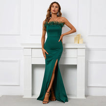 YIDINGZS 2023 Fora Do Ombro Pena Longo Sexy Fenda De Cetim Vestido Até O Chão Cor Verde Noite Festa Vestido Da Celebridade Maxi