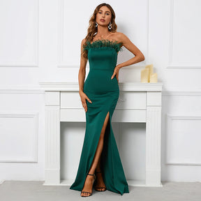 YIDINGZS 2023 Fora Do Ombro Pena Longo Sexy Fenda De Cetim Vestido Até O Chão Cor Verde Noite Festa Vestido Da Celebridade Maxi