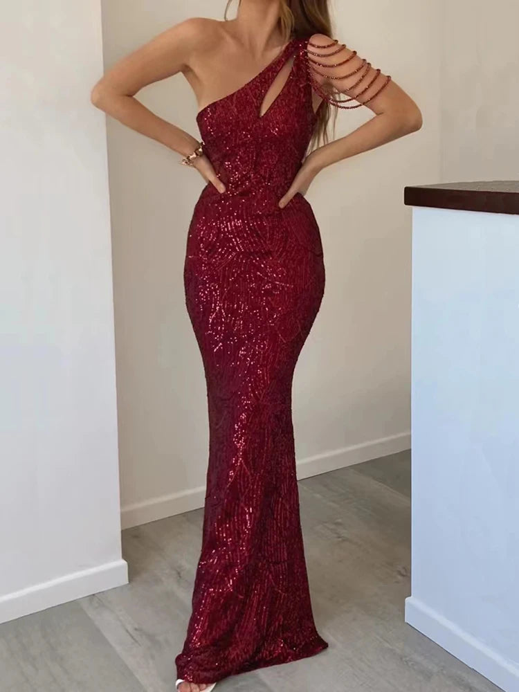 YIDINGZS-vestido feminino de lantejoulas com um ombro, elegante maxi vestido de festa, bordô longo, 2022, 18519