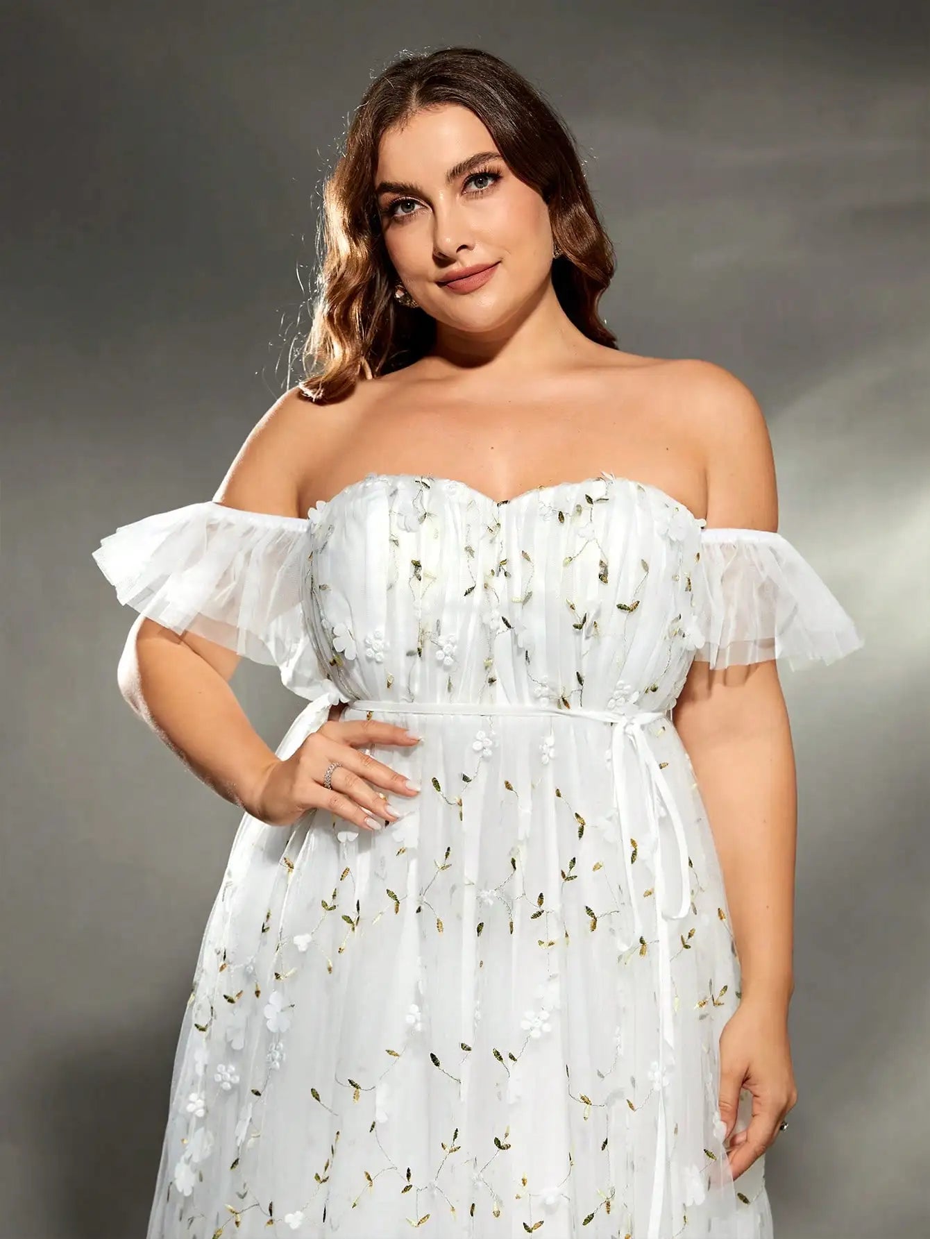 Mgiacy plus size linha colarinho tridimensional bordado retração malha grande balanço vestido de casamento vestido de noite vestido de baile