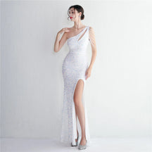 YIDINGZS-vestido feminino de lantejoulas com um ombro, elegante maxi vestido de festa, bordô longo, 2022, 18519
