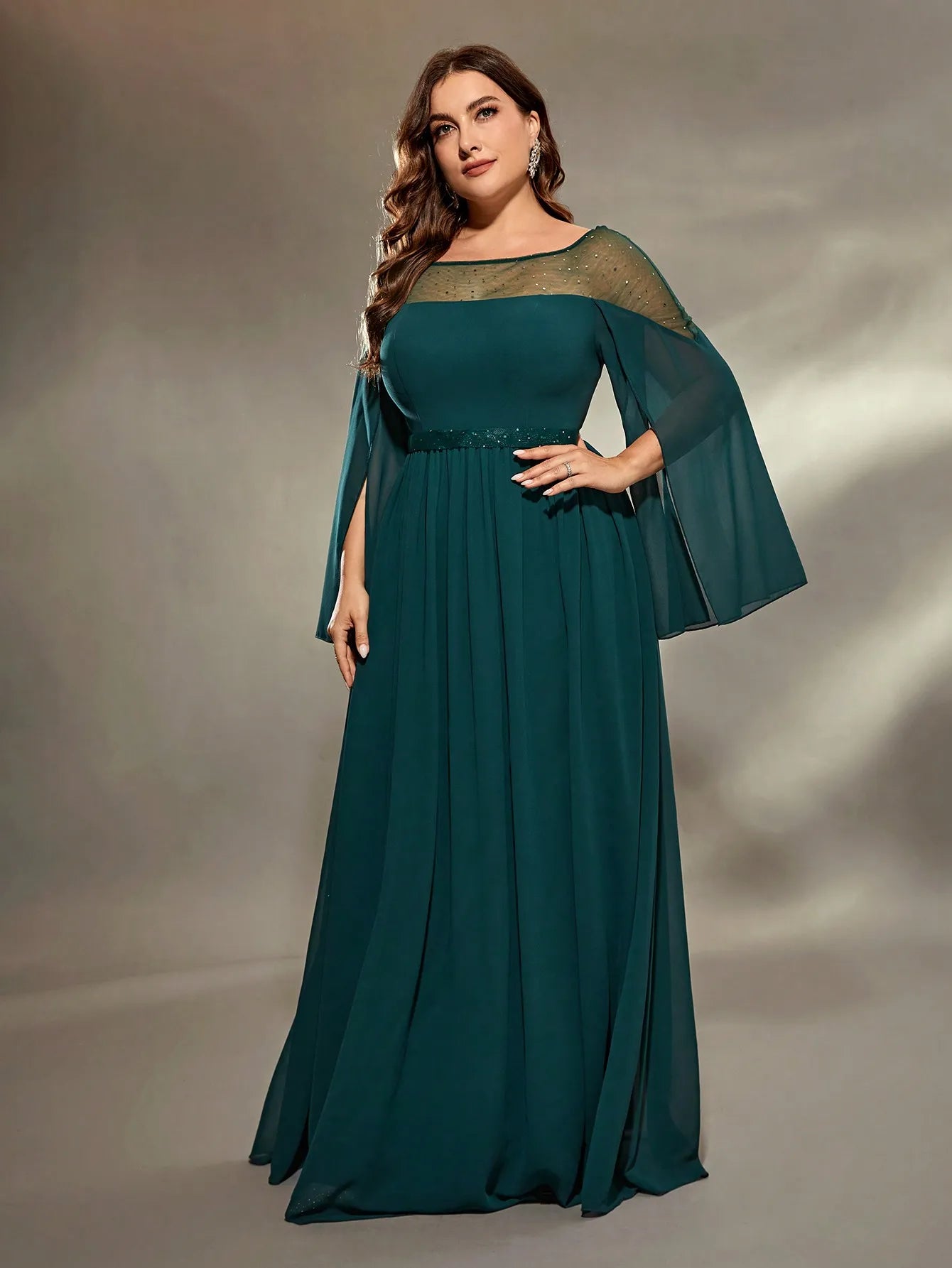 Mgiacy plus size Round neck silver punch cutout slit long puffer sleeve chiffon A full skirt Evening gown Ball dress Party dress