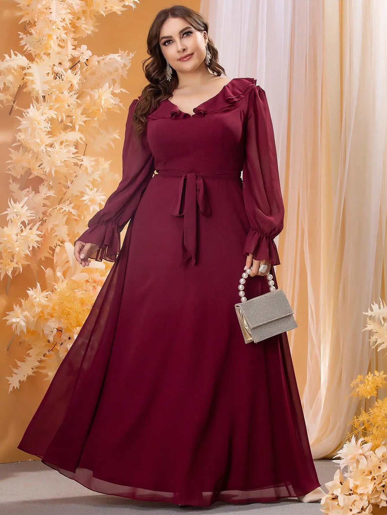 Mgiacy Plus-size V-neck ruffled long sleeve chiffon full skirt Evening ball dress Party dress