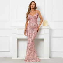 YIDINGZS-Sexy vestido feminino com decote em V, vestido longo de baile, vestido de lantejoulas, cinta, miolização, rosa, maxi, festa