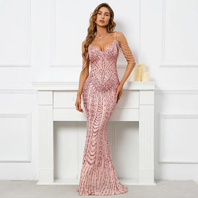 YIDINGZS-Sexy vestido feminino com decote em V, vestido longo de baile, vestido de lantejoulas, cinta, miolização, rosa, maxi, festa