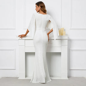 Yidingzs feminino vestido de lantejoulas branco longo vestido de baile com decote em v vestido de noite elegante festa maxi vestido