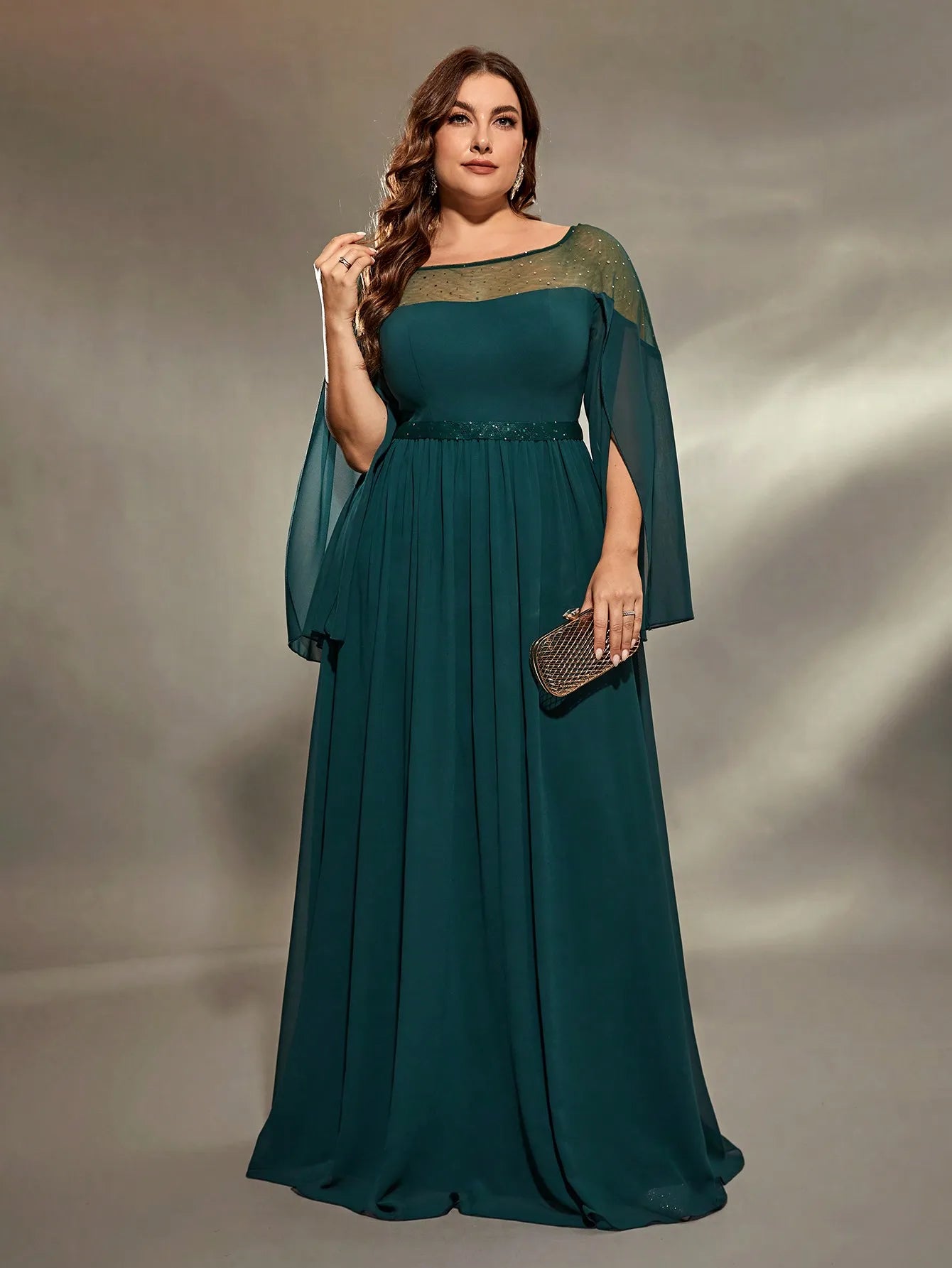 Mgiacy plus size Round neck silver punch cutout slit long puffer sleeve chiffon A full skirt Evening gown Ball dress Party dress