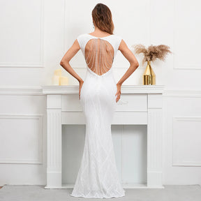 Yidingzs sexy com decote em v sem costas branco lantejoulas vestido de noite 2022 novas mulheres miçangas festa maxi vestido longo vestido de baile 18137