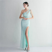YIDINGZS-vestido feminino de lantejoulas com um ombro, elegante maxi vestido de festa, bordô longo, 2022, 18519