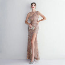 YIDINGZS-vestido feminino de lantejoulas com um ombro, elegante maxi vestido de festa, bordô longo, 2022, 18519