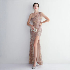 YIDINGZS-vestido feminino de lantejoulas com um ombro, elegante maxi vestido de festa, bordô longo, 2022, 18519