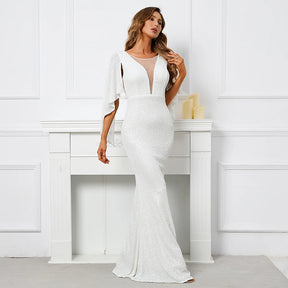 Yidingzs feminino vestido de lantejoulas branco longo vestido de baile com decote em v vestido de noite elegante festa maxi vestido