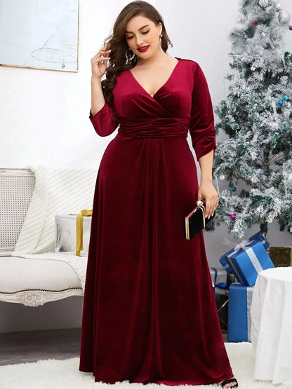 V-neck irregular cross folding velvet long sleeve A-hem skirt