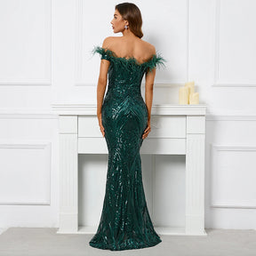 YIDINGZS-vestido feminino fora do ombro com lantejoulas, vestido longo de baile, vestido maxi de festa sexy, verde
