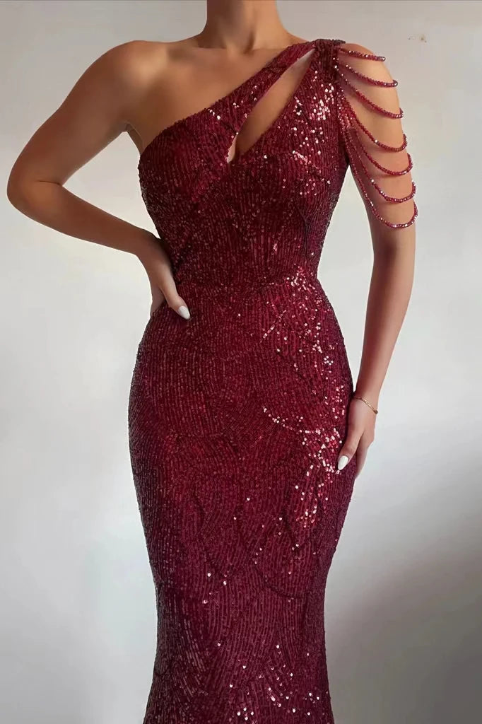 YIDINGZS-vestido feminino de lantejoulas com um ombro, elegante maxi vestido de festa, bordô longo, 2022, 18519