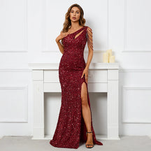 YIDINGZS-vestido feminino de lantejoulas com um ombro, elegante maxi vestido de festa, bordô longo, 2022, 18519