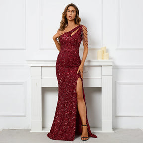 YIDINGZS-vestido feminino de lantejoulas com um ombro, elegante maxi vestido de festa, bordô longo, 2022, 18519