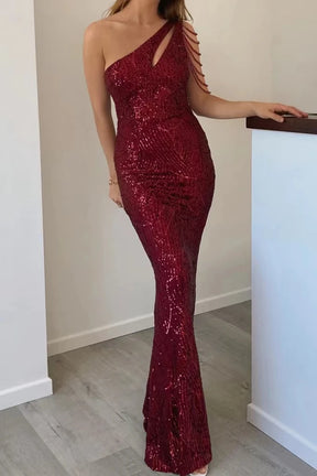 YIDINGZS-vestido feminino de lantejoulas com um ombro, elegante maxi vestido de festa, bordô longo, 2022, 18519