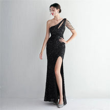 YIDINGZS-vestido feminino de lantejoulas com um ombro, elegante maxi vestido de festa, bordô longo, 2022, 18519