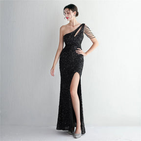 YIDINGZS-vestido feminino de lantejoulas com um ombro, elegante maxi vestido de festa, bordô longo, 2022, 18519