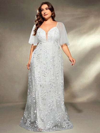 Mgiacy plus size com decote em v gaze grande trompete manga retalhos bordado renda um conjunto vestido de casamento vestido de baile vestido de festa