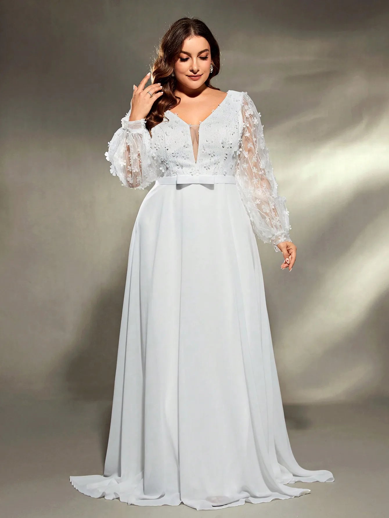 Mgiacy plus size V-neck three-dimensional embroidery chiffon train wedding dress Evening gown Ball dress Party dress