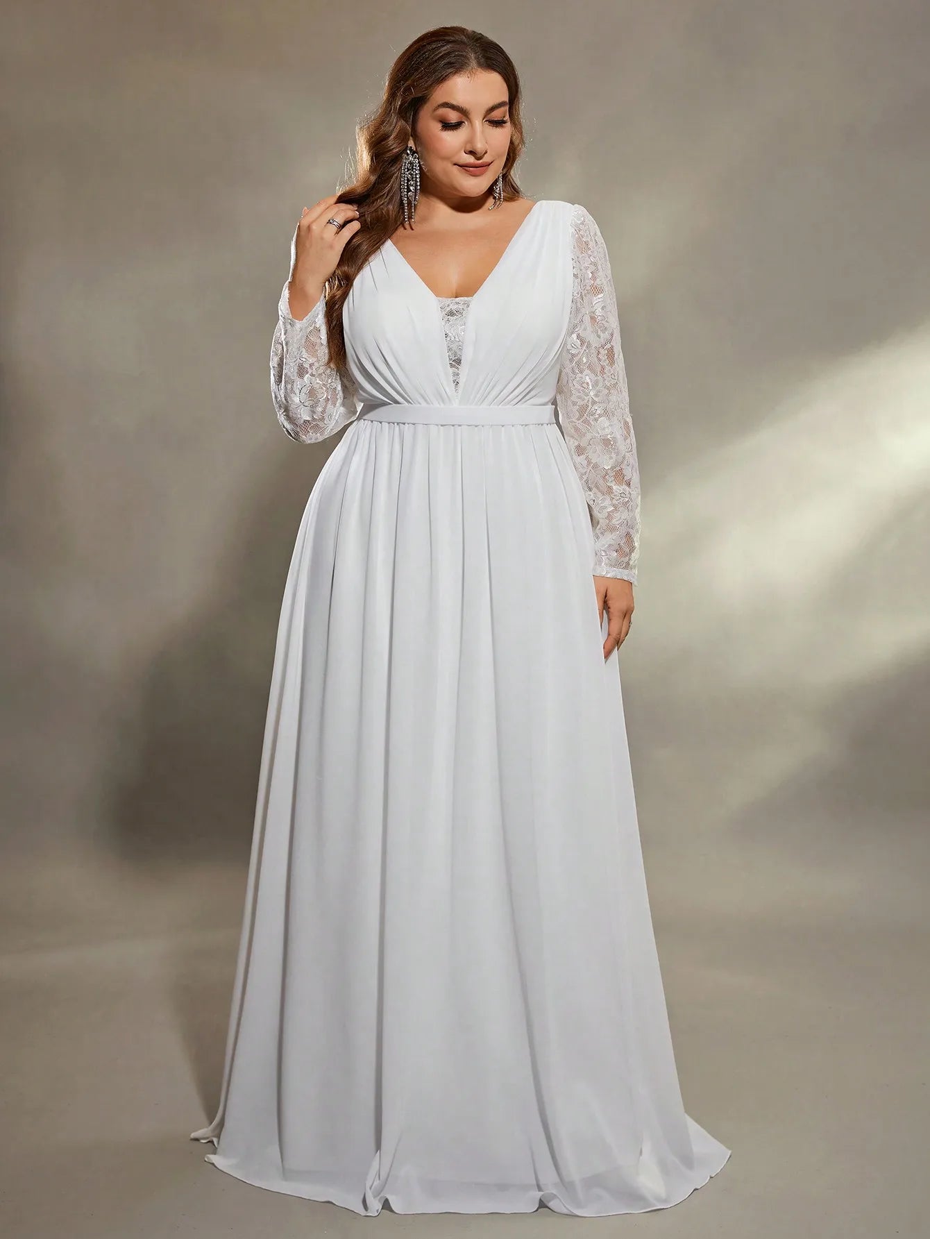 Mgiacy plus size  Deep V shoulder lace long sleeve chest pleated chiffon wedding dress A full skirt Evening gown Ball dress