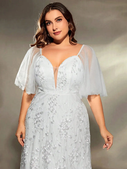 Mgiacy plus size com decote em v gaze grande trompete manga retalhos bordado renda um conjunto vestido de casamento vestido de baile vestido de festa