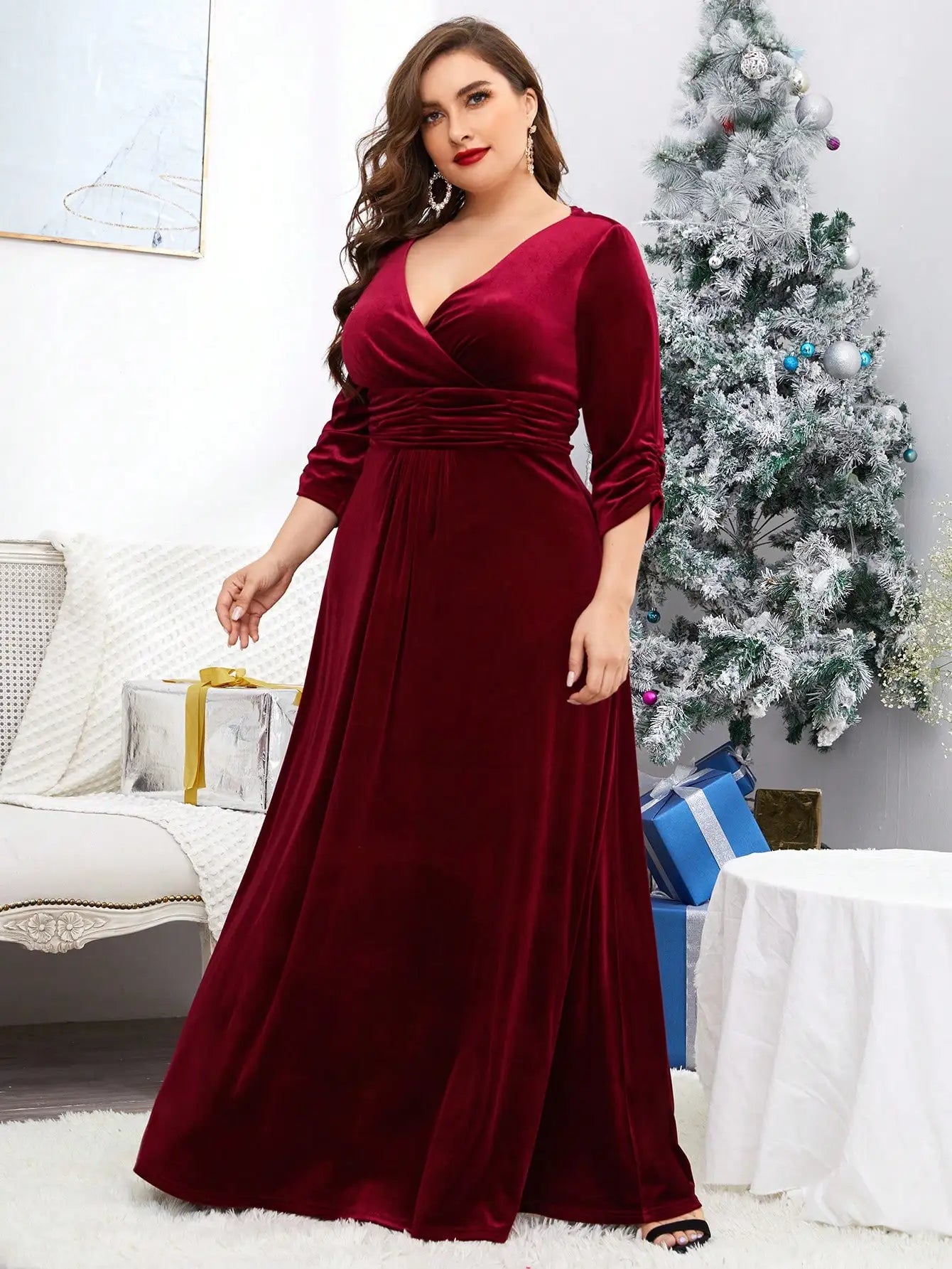 V-neck irregular cross folding velvet long sleeve A-hem skirt