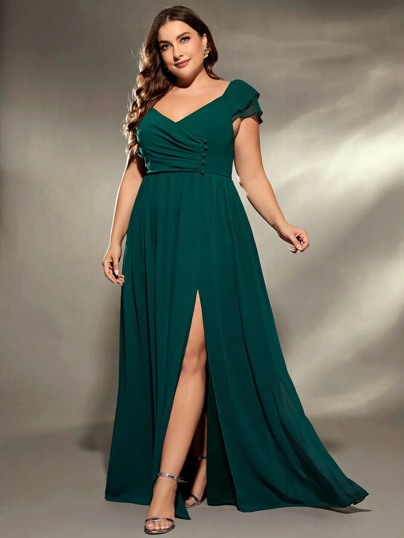 Mgiacy  plus size  V-neck irregular folding double layer lotus sleeve chiffon slit skirt Evening gown Ball dress Party dress