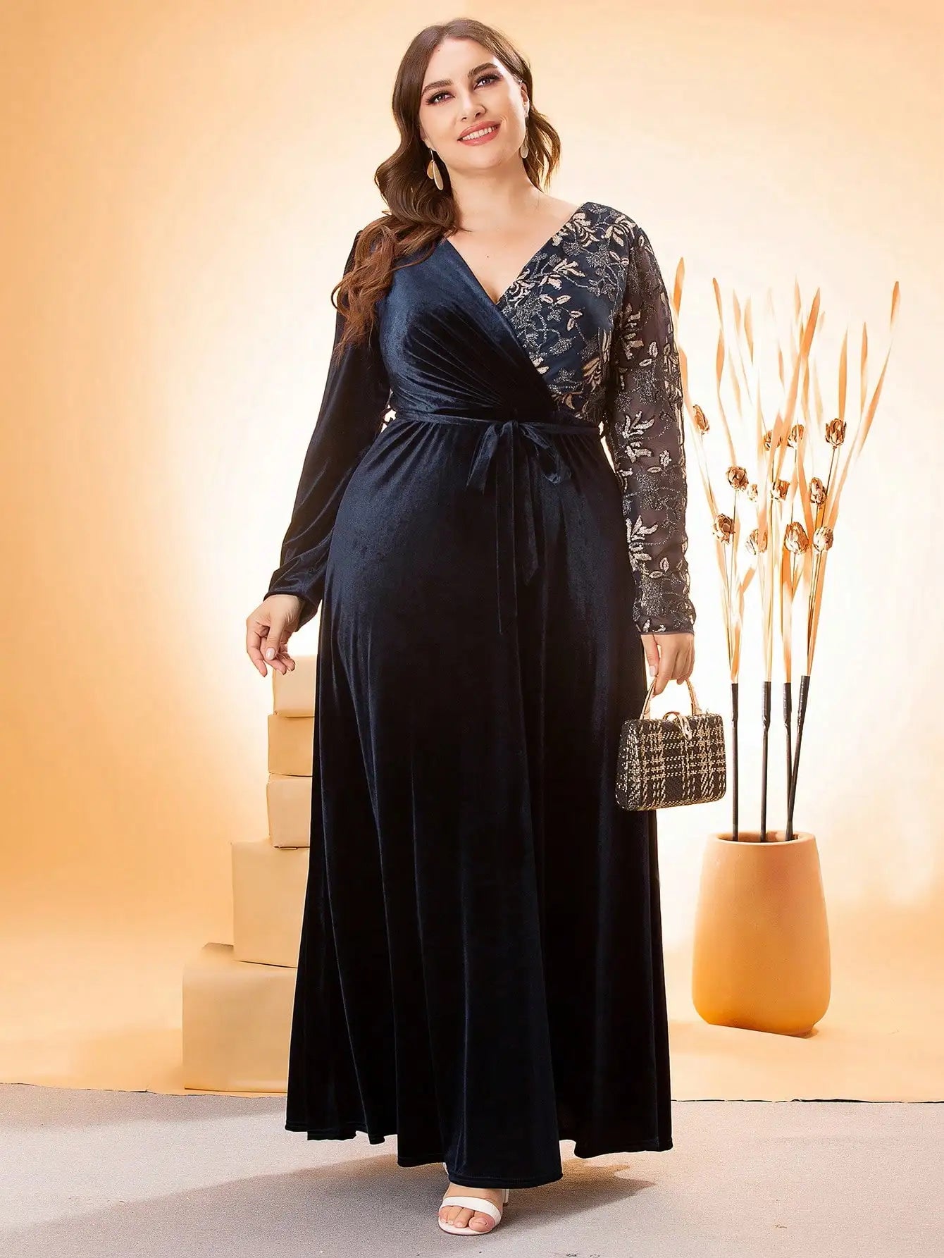 Plus size Mgiacy V-neck irregular cross sequin embroidered stitching velvet A full skirt Evening gown PROM dress Party dress