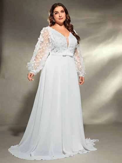 Mgiacy plus size V-neck three-dimensional embroidery chiffon train wedding dress Evening gown Ball dress Party dress