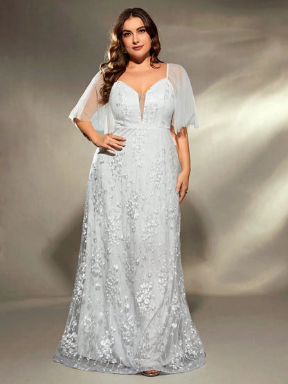 Mgiacy plus size com decote em v gaze grande trompete manga retalhos bordado renda um conjunto vestido de casamento vestido de baile vestido de festa