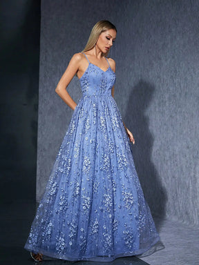 Vestido Azul Céu Longo Naylane Renda Bordada