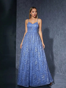 Vestido Azul Céu Longo Naylane Renda Bordada