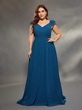 Vestido Azul Longo Plus Size Decote em V Dupla Camada Manga de Lótus