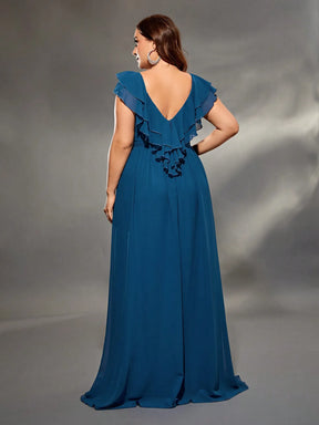 Vestido Azul Longo Plus Size Decote em V Dupla Camada Manga de Lótus