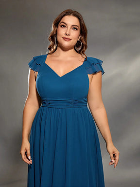 Vestido Azul Longo Plus Size Decote em V Dupla Camada Manga de Lótus