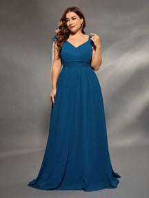 Vestido Azul Longo Plus Size Decote em V Dupla Camada Manga de Lótus