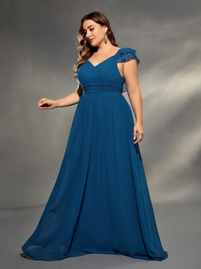 Vestido Azul Longo Plus Size Decote em V Dupla Camada Manga de Lótus