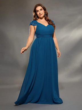 Vestido Azul Longo Plus Size Decote em V Dupla Camada Manga de Lótus